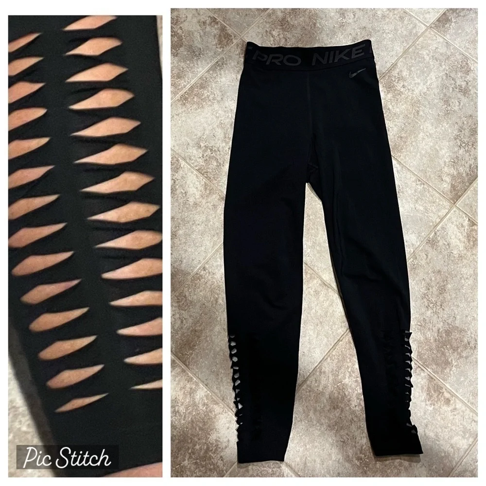 Nike Pro Dri Fit High Rise Tights Razor Hole Accents Ankle Small Black Pull On